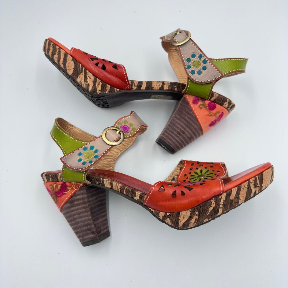 L'Artiste By Spring Step Sharyn Leather Cut Out BoHo Platform Heel Sandal 8.5